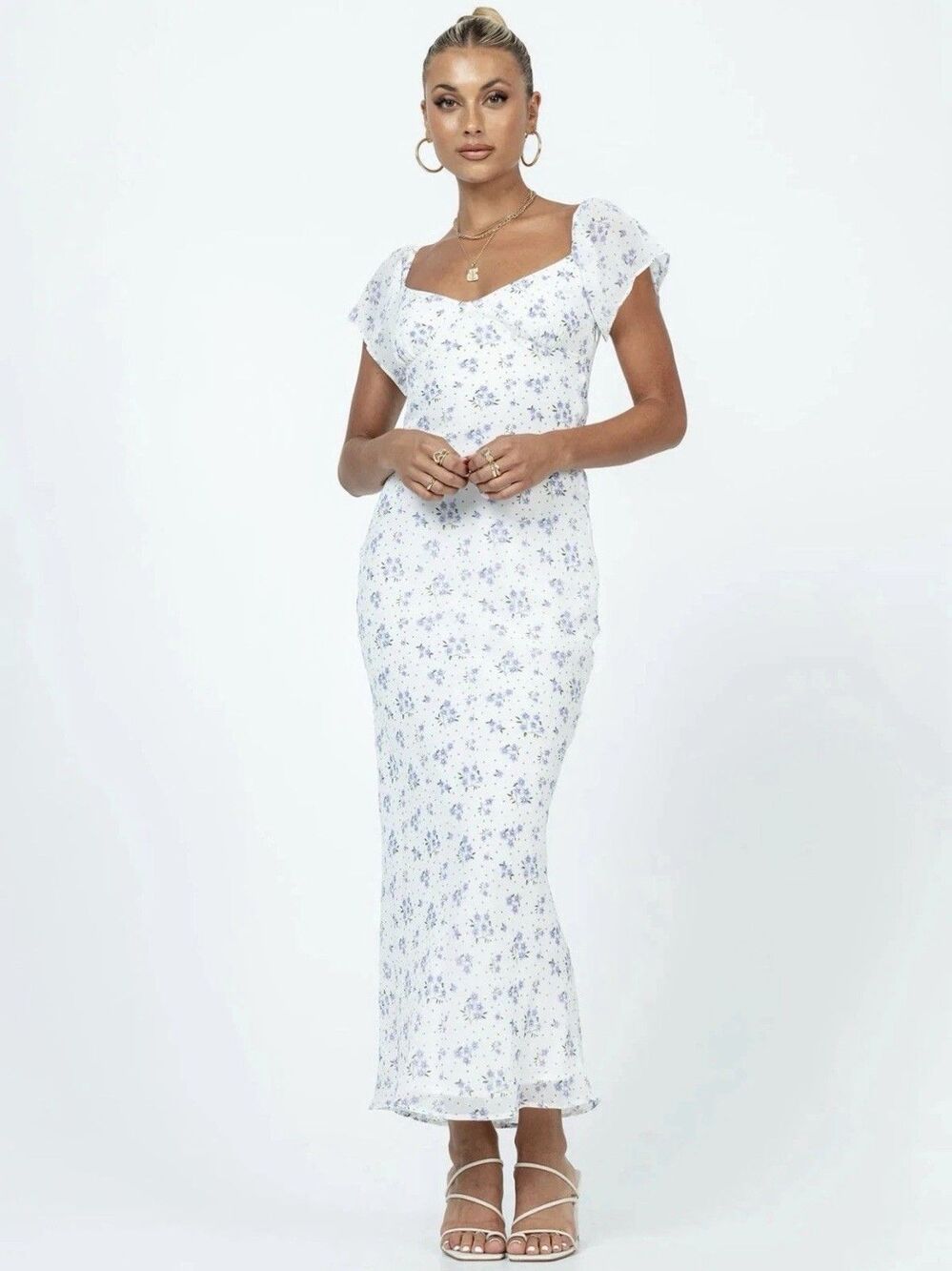 Princess Polly White Blue Hera Maxi Dress White Floral Size 10